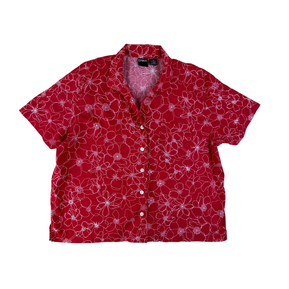 Tropical Floral Button Up Cotton Rayon Shirt Red XL Erika